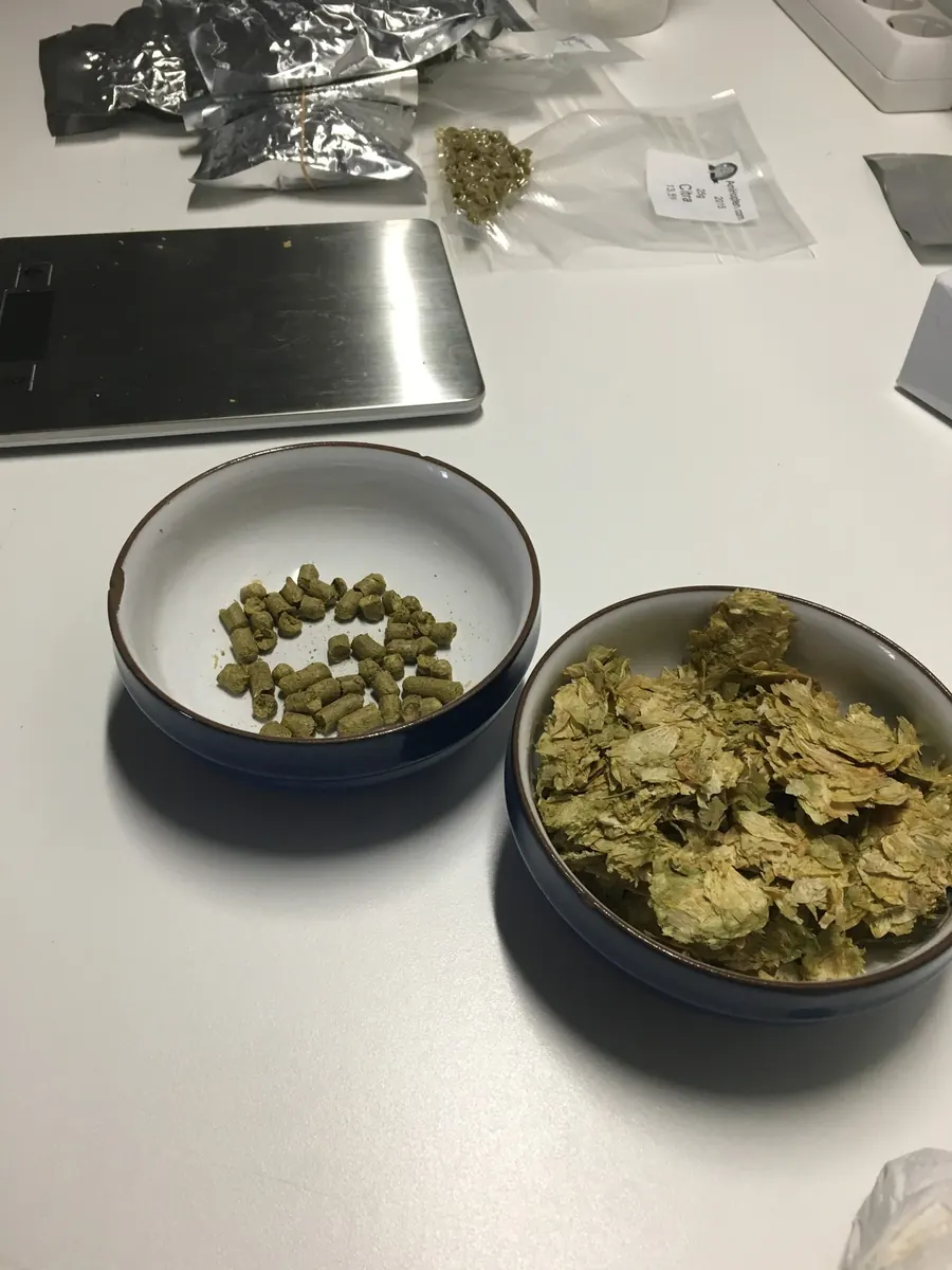 Zwei Schalen mit Hopfenpellets und Hopfendolden neben einer Waage